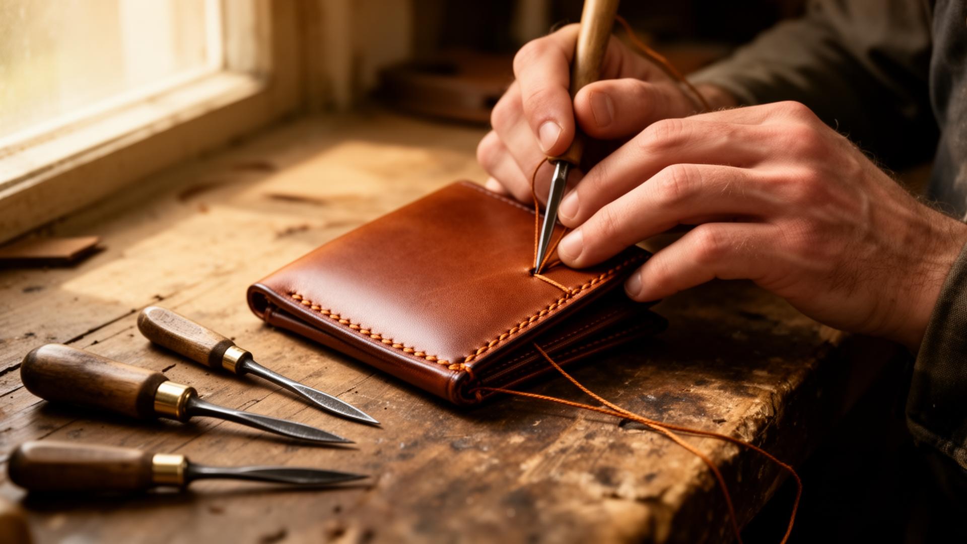 Denise's hands saddle-stitching a leather wallet at her East Windsor workbench