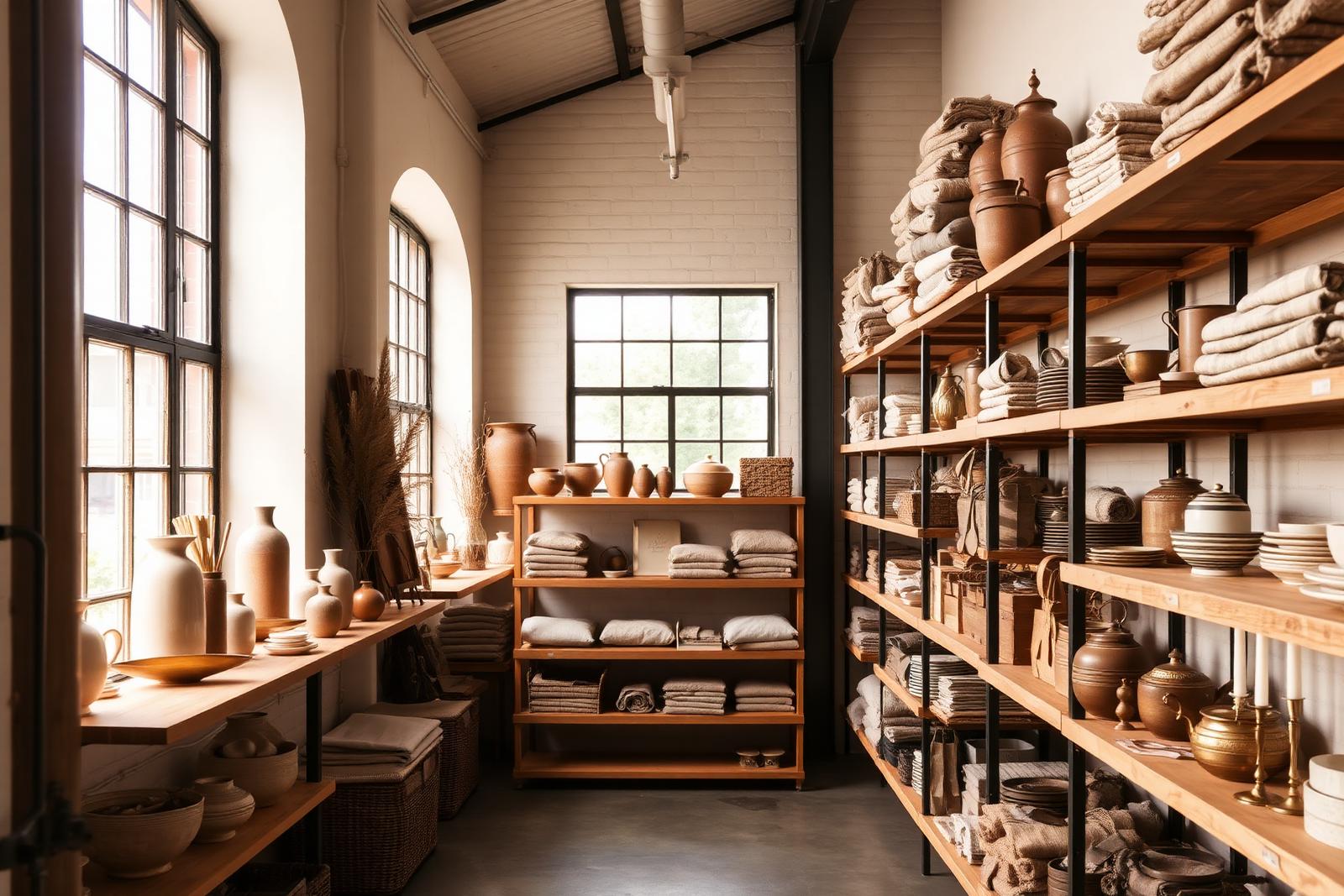 Sunlit Oshus Store showroom with curated ceramics, folded linen, and brass kitchenware on warm wooden shelves