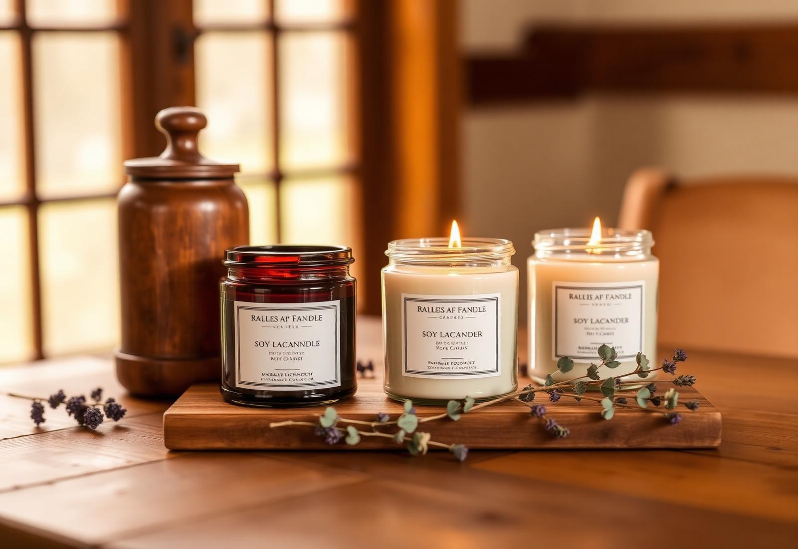 Hand-poured soy candles on a wooden table