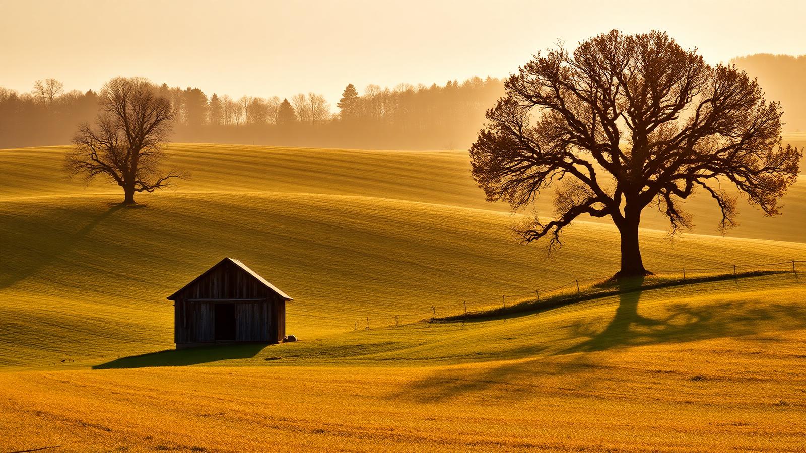 Rolling Kentucky farmland at golden hour