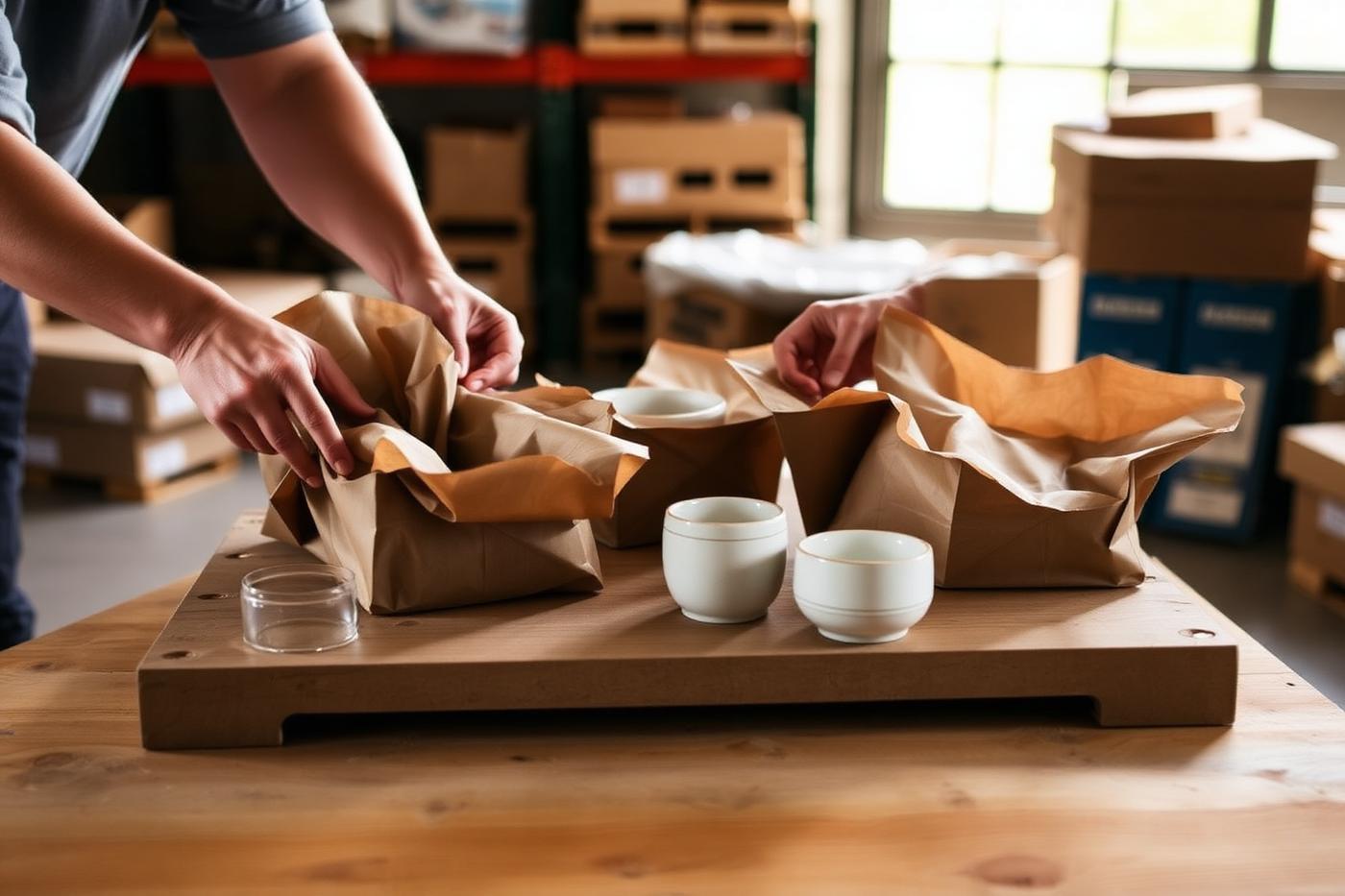 Hands wrapping ceramics in kraft paper at our packing table