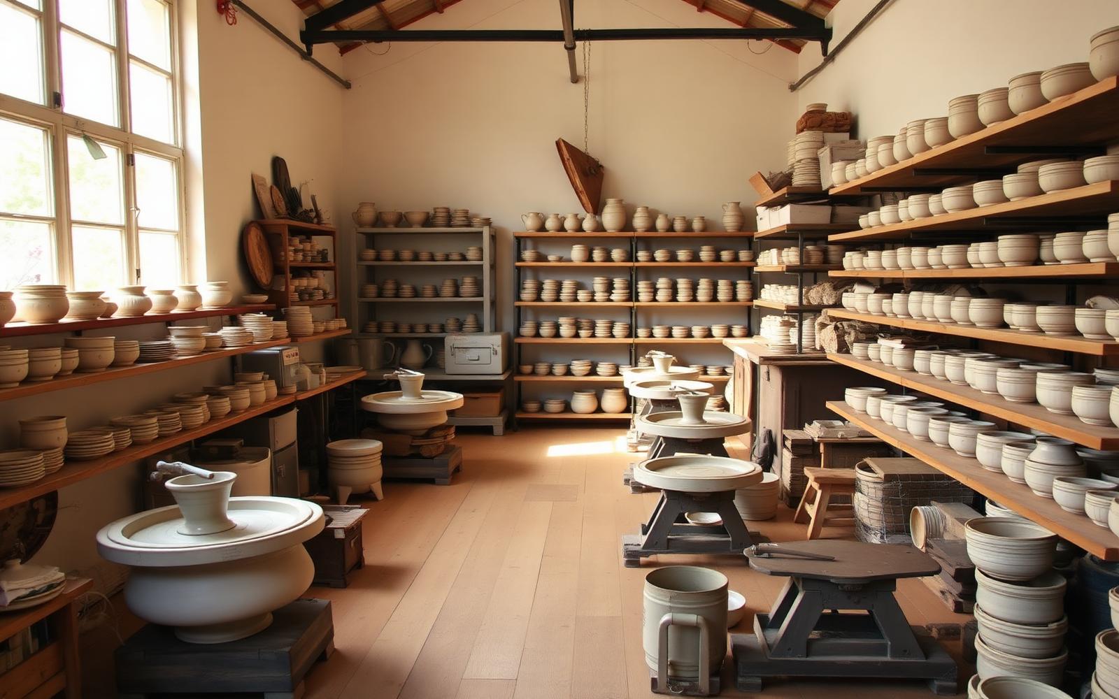 Quiet partner pottery studio with shelves of drying stoneware and two throwing wheels under tall windows